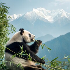 A panda eating ripe bamboo shoots with a clear mountain background