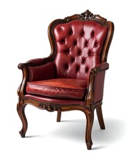 Ornate antique armchair in red leather against a white backdrop