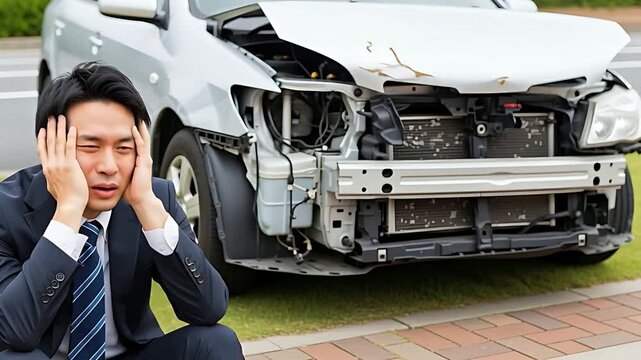 交通事故 車 ビジネスマン 苦悩 破損 トラブル 失敗 頭を抱える 後悔