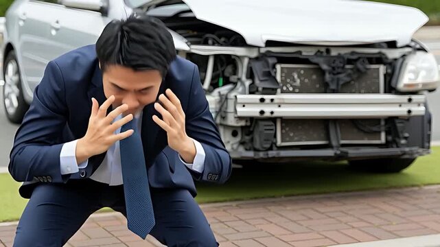  交通事故 車 ビジネスマン 絶望 破損 トラブル ロードサービス 頭を抱える