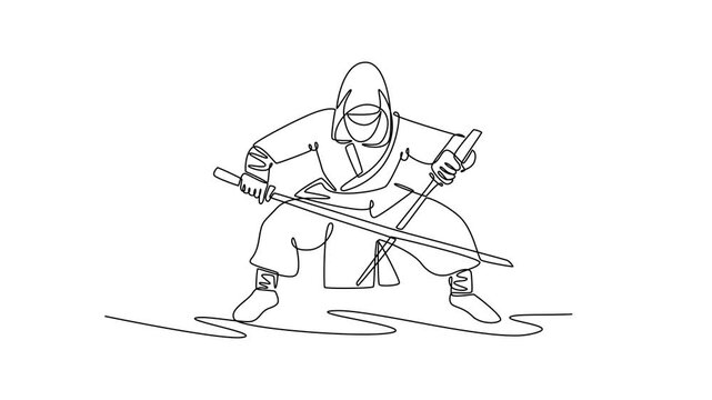 Self drawing animation of single line draw young man ninja poised in a deep horse stance, wielding twin katanas, illustrating dynamic combat, focused action. Continuous line draw. Full length animated