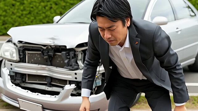 交通事故 車 ビジネスマン 確認 破損 トラブル 呆然 故障 ロードサービス