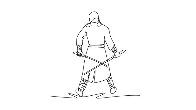 Self drawing animation single line draw man ninja seen from the back poised in wide stance wielding twin katana, illustrating dynamic combat and focused action. Continuous line. Full length animated
