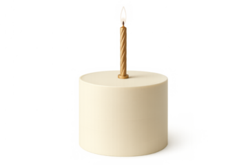 Minimalist birthday cake with single golden candle celebrating an anniversary or special event