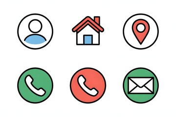 Six contact icons user home location phone and email