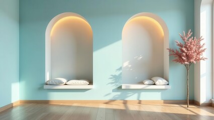 Serene coastal interior design with arched alcoves showcasing plush cushions and delicate flora beside a sunlit window