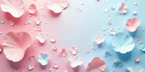 Delicate pastel petals drift across a serene gradient backdrop, creating a gentle and whimsical atmosphere