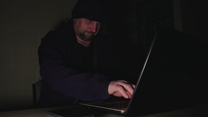 A man in a hooded jacket types on a laptop in a dark room illuminated with intense blue and purple lighting, evoking a cyber or hacker theme. - Powered by Adobe