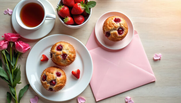 Morning breakfast with cherry muffins, fresh strawberries, hot tea. Pink roses, romantic envelope sit on light wooden table. This sweet meal celebrates holiday like Mothers Day for mom or loved one.