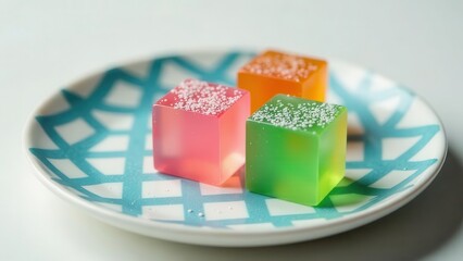 Colorful cubed confectioneries dusted with fine particles sit delicately arranged upon a decorative serving dish with a striking blue geometric pattern