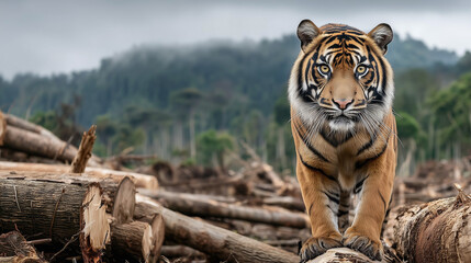 wildlife photo, a Sumatran tiger standing on top of large cut timber logs from illegal logging. Environmental destruction theme