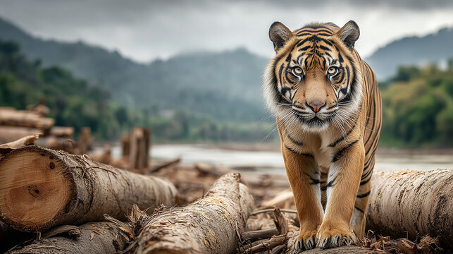 wildlife photo, a Sumatran tiger standing on top of large cut timber logs from illegal logging. Environmental destruction theme