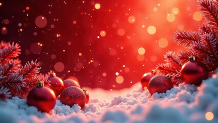 festive holiday ornaments resting on a bed of soft snow amidst a warm, glowing red background filled with sparkling bokeh lights