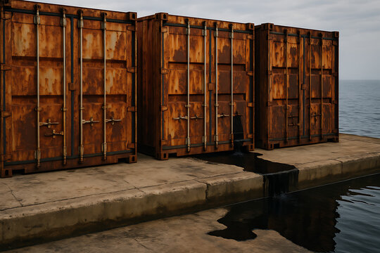 Rusty industrial metal containers leaking dark oil into water environmental pollution contamination hazardous waste spill industrial disaster toxic runoff ecological damage waterfront crisis concept - Powered by Adobe