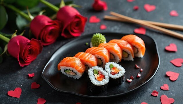 Heart shaped sushi rolls for two on black plate. Plate includes fresh salmon, maki sushi. Red roses, paper hearts decorate romantic table setting. Perfect Valentine Day date meal. Chopsticks wait for