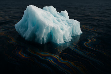 Large iceberg floating in dark ocean water surrounded by iridescent oil spill environmental disaster climate change pollution concept melting ice global warming marine ecosystem contamination dramatic