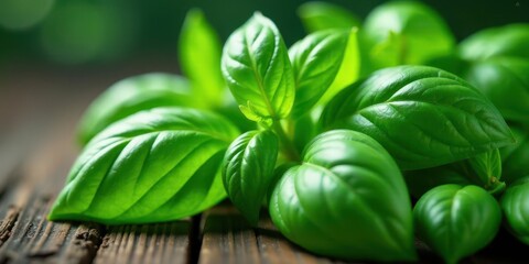 Vibrant green aromatic leaves capture sunlight and sit on weathered wooden planks, promising culinary delight
