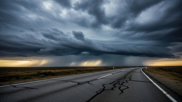 Dramatic thunderstorm approaching on cracked rural highway at sunset