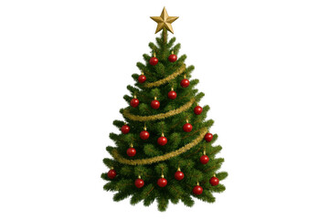 Christmas tree decorating with red baubles and golden tinsel, topped with a star, transparent background, holiday celebration