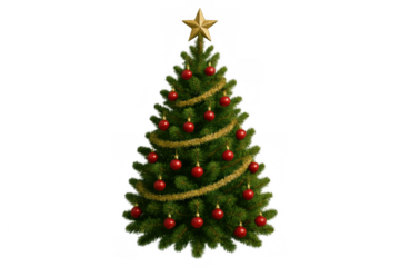 Christmas tree decorating with red baubles and golden tinsel, topped with a star, transparent background, holiday celebration