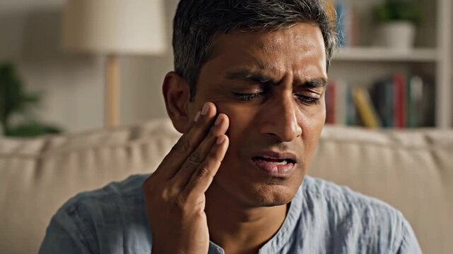 Man Experiencing Headaches and Toothache, Suffering From Pain in Comfort of Home