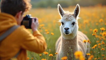 Obraz premium Photographer takes photo of llama in field of wildflowers. Animal is looking at camera. Photo shows connection between wildlife and a human. Artistic image of a beautiful serene moment.