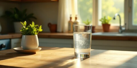 Morning light illuminates a clear glass of sparkling water on a wooden surface next to a small potted green plant, evoking a sense of refreshing hydration and simple natural beauty.