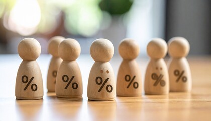 Wooden figurines with percentage symbols in a curved row, symbolizing financial data and population metrics.