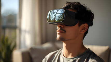 Focused and calm young man at home using virtual reality headset. He is experiencing new game with future technology, completely immersed in digital world