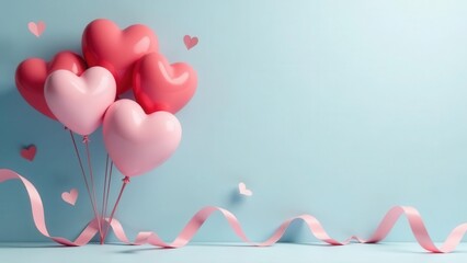 A cluster of soft pink and vibrant rose colored heart shaped decorations floats gracefully against a serene sky blue background with flowing ribbon accents