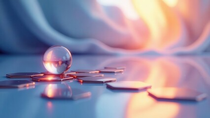 A pristine sphere rests upon a scattered collection of shimmering hexagonal forms, reflecting warm and cool light sources