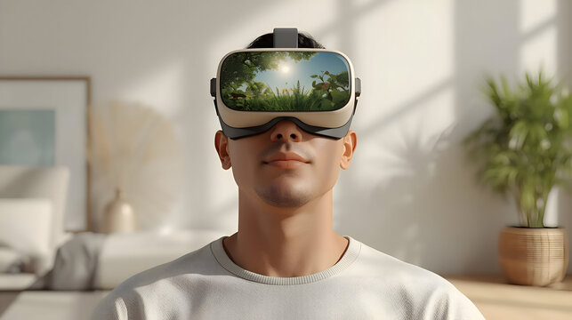 Smiling man enjoying virtual reality experience with headset at home. Exploring nature simulation in metaverse, look at future entertainment and interactive technology - Powered by Adobe