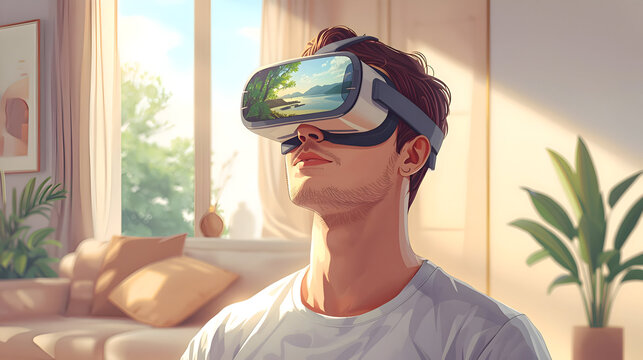 Serene young man with virtual reality headset on, immersed in futuristic simulation. Enjoying an augmented reality experience in modern living room at home