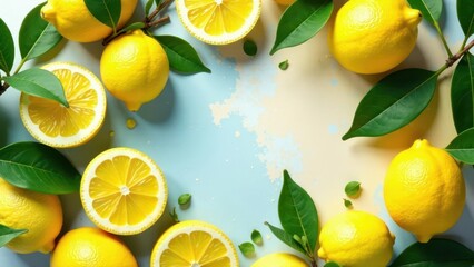 Vibrant Citrus Harvest Arrangement with Freshly Cut Lemons and Lush Green Leaves on a Delicate Painted Background