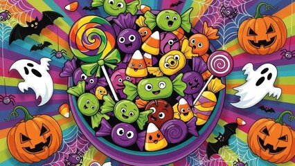 Colorful Halloween Candy Bowl with Ghosts, Bats, and Jack-o'-Lanterns