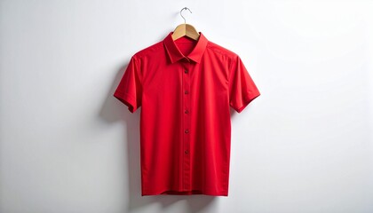 Red Short-Sleeved Collared Shirt on Wooden Hanger Against White Background