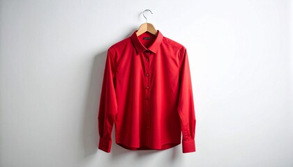 Red long-sleeved shirt hanging on a wooden hanger against a white wall, fashion, apparel, clothing, style, minimalist