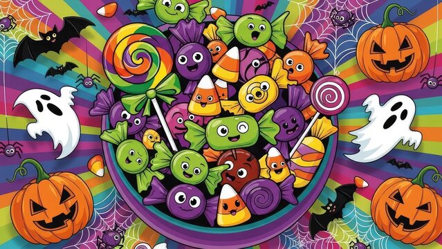 Colorful Halloween Candy Bowl with Ghosts, Bats, and Jack-o'-Lanterns - Powered by Adobe