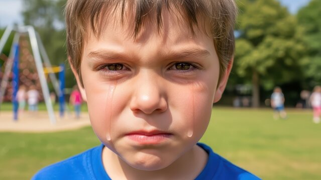 Sad young boy crying in park with playground in background