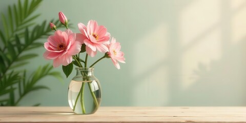 Delicate pink blossoms in a glass vase bathed in soft light against a textured wall