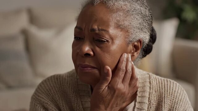 Elderly Woman Experiencing Pain, Touching Her Face, Showing Distress and Discomfort