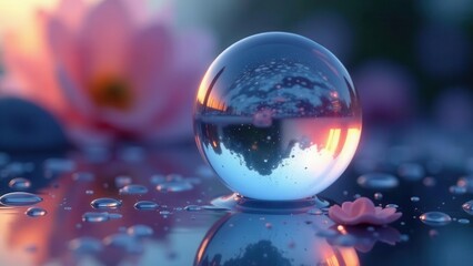 Crystal sphere capturing delicate pink petals and soft light reflections amidst tranquil water droplets