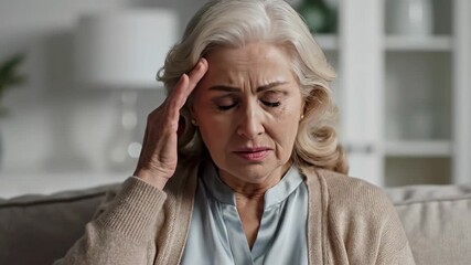 Elderly Woman Experiencing Severe Headache and Discomfort, Portrait of Illness and Pain
