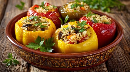 Bell peppers stuffed Italian rice vegetables and herbs baked in a rustic ceramic dish on a wooden table with fresh parsley garnish