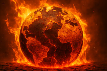 Burning planet Earth engulfed in intense flames symbolizing global warming climate change crisis environmental destruction extreme heat wildfire disaster ecological collapse dramatic climate emergency