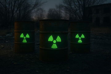 Radioactive waste barrels glowing nuclear hazard warning symbol, toxic chemical storage drums in dark abandoned environment, environmental pollution danger, industrial contamination risk, radioactive 