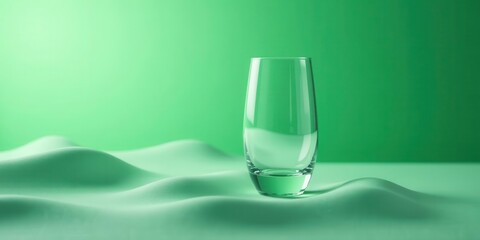 A single clear vessel rests upon undulating fabric against a vibrant green backdrop, evoking a sense of calm and purity.