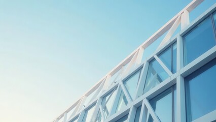 Geometric architecture meets an expansive azure sky, a modern facade reflecting a sense of boundless possibility and clean design