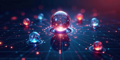 Glowing spheres interconnected by luminous lines creating a complex digital network structure
