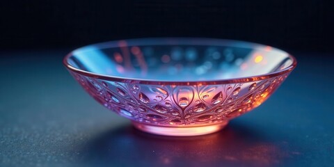 Intricate patterned glass bowl illuminated with ethereal blue and warm orange light, casting subtle reflections on a dark surface